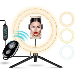 LORANKA-GOLDVIVER Anneau lumineux LED de qualit&eacute; sup&eacute;rieure - 10"" - Avec tr&eacute;pied, support pour t&eacute;l&eacute;phone portable et t&eacute;l&eacute;commande - 10 niveaux de luminosit&eacute; et 3 couleurs. - Neuf