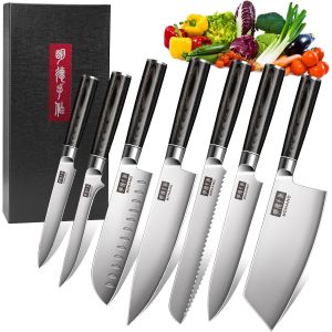 Mevronisshop-Set De 7 Couteaux De Cuisine, Set De Couteaux En Acier Inoxydable De Haute Qualit&eacute;, Couteau De Cuisine Professionnel Avec Lame Tranchante, Manche Ergonomique En Bois Set De Couteaux - Neuf