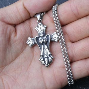 Ornement Européen Et Américain Personnalisé Vintage Croix Hommes S Hip Hop Titane Acier Pendentif Collier Pierre Motif Ange - Neuf