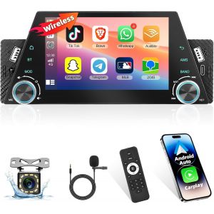 JKUN-Autoradio 1 Din Avec Carplay Sans Fil/Android Auto,Lecteur Multimédia Bluetooth 5 Pouces Avec Commande Vocale/Fm/Tf/Usb/Aux/Swc+Télécommande+Caméra De Recul 12 Led - Neuf