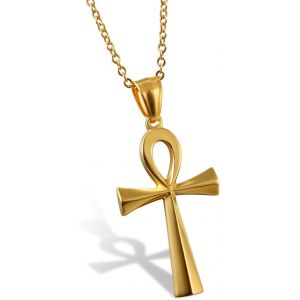 Kal-Collier Pendentif Acier Inoxydable Classique R&eacute;tro Style Egypte Croix Poli Bijoux Cadeau Pour Femme Homme Couleur Argent Dor&eacute; - Neuf