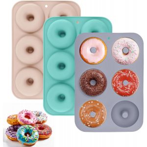 Lot De 3 Moules &Agrave; Donuts,Ronds,En Silicone,&Agrave; 6 Cavit&eacute;s,Antiadh&eacute;sifs,Pour G&acirc;teaux,Biscuits,Bagels,Muffins (Bleu,Rose,Gris) - Neuf
