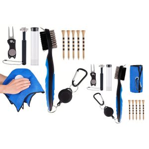 Kit De Nettoyage De Clubs De Golf Avec Brosse, Chiffons, Aff&ucirc;teur, Outil De R&eacute;paration De Divots Et Tees - Bleu - Neuf