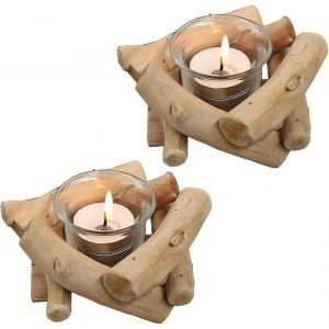 Lot De 2 Bougeoirs En Bois Pour Bougies Chauffe-Plat, Decorative Bougeoir Rustiques Avec Verre Chandeliers Photophore Pour Centre De Table De Mariage Ferme Salon Maison Interieur Décorations - Neuf