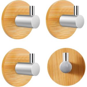 Crochet Adhésif Bois,Crochet Mural Auto-adhésif Salle de Bain Cuisine Bureau Porte,4 Pièces Porte Serviette Bambou et Acier Inox,Rond - Neuf