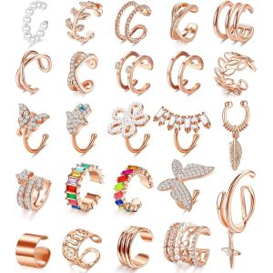 Kal-24pcs Manchettes Oreille Boucles D'oreilles Femmes Plaqu&eacute; Or 18k Petit Cr&eacute;oles Sans Trou Boucles Faux Clips Oreilles Helix Clou D'oreilles Non Perc&eacute; Cartilage Ear Cuff Hypoallerg&eacute;niques - Neuf