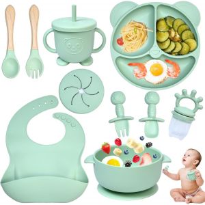 Kal-10 Pi&egrave;ces Coffret Repas Bebe Silicone, Assiette Bebe Set Vaisselle Assiette Ventouse Pour B&eacute;b&eacute;, Bavoir Silicone Bebe, Fourchettes, Enfant Set Couverts Vaisselle Pour Sevrage Manger (Vert) - Neuf