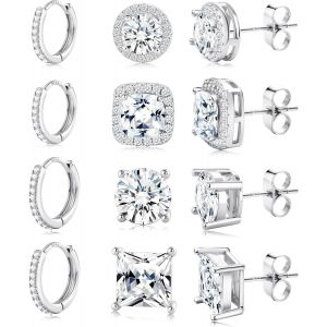 Kalhx-Boucles D'oreilles Argent Sterling 925 Femme Homme En Zircone Cubique 14k Or Blanc Hypoallerg&eacute;nique Boucles D'oreilles Cr&eacute;ole Brillant Taille Analogique Diamants Halo Boucles D'oreilles - Neuf