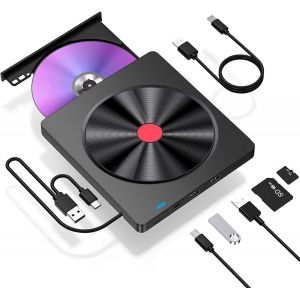 Lecteur CD DVD Externe, Graveur USB 3.0 et Type-C avec Lecteur de Carte SD/TF et de USB, Lecteur de DVD-ROM CD-ROM CD-RW VCD pour Windows 7/8/10/ Vista/XP/Mac OS, Laptop, Desktops - Neuf