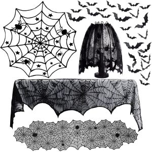 Ensemble de Décoration d'Halloween 40 Pièces: Abat-jour, Chemin de Table en Dentelle avec Toiles d'Araignée, Nappe Ronde en Dentelle, Écharpe de Cheminée, Autocollants Muraux 3D Chauve-Souris - Neuf
