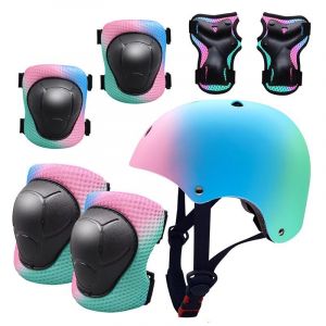 Casque Pour Enfants Avec Genouill&egrave;res - Coudi&egrave;res Et Prot&egrave;ge-Poignets - Casque V&eacute;lo Enfant R&eacute;glable(Rose Bleu Vert,M) - Neuf