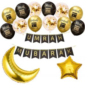 Mevronisshop-Lot De 18 D&eacute;corations Umrah Mubarak, Banni&egrave;re Et Ballons Pour Occasion Umrah, Dor&eacute; Et Noir - Neuf