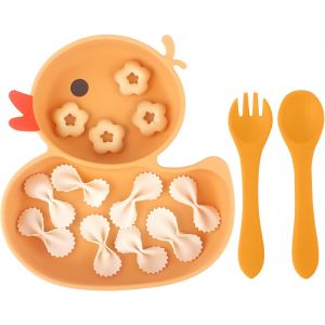 Kal-Coffret Repas Bebe 3 Pièces Assiette Ventouse,Bavoir Bebe-Cuillere Bebe Apprentissage-Vaisselle Bebe En Silicone 100% Alimentaire Sans Bpa (Orange) - Neuf