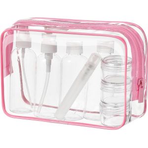 KALANKA-Kit de Voyage Transparent, Trousse de Toilette Transparent, 5pcs Bouteilles Vides (Max.100ml) + Étiquettes Vierges + Feutres à Encre Permanente - Neuf