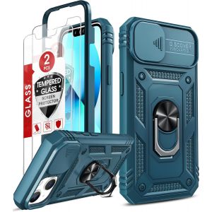 Coque Pour Iphone 13 6.1""(Pas 13 Pro Max/13 Pro) Avec 2*Verre Tremp&eacute;+Anneau Support,Full Protection De La Cam&eacute;ra En Pc Dur Anti-Chut Renforc&eacute;e Armor Heavy Duty Antichoc Bumper Housse Etui&iquest;Bleu - Neuf