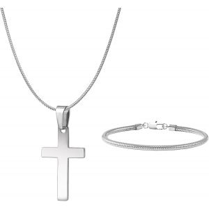 Kal-Croix Collier Pour Hommes Femmes,Chaine Pendentif Croix Acier Inoxydable,Croix Cha&icirc;ne Hommes Et Bracelets,Croix Collier 46/51/56/61/66 Cm,Collier Croix Bracelet Set 2/2.4 Mm - Neuf