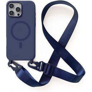 LORANKA-Coque avec Cordon pour iPhone 16 Pro Max(6.7).Compatibilit&eacute; Chargeur sans Fil.Silicone avec Cordon Case,Couleur Solide-Bleu - Neuf