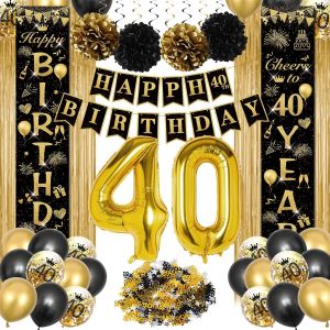 ERYI-Décoration Anniversaire 40 Ans Femme Homme - Ballons Noir Or, Bannière Joyeux Anniversaire - Deco Pour Femmes - Neuf
