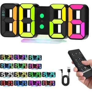 Horloge Murale Num&eacute;rique, Digitale R&eacute;veil Lumineux Led, R&eacute;veil Num&eacute;rique &Agrave; Led 3D, Horloge Num&eacute;rique Avec 14 Couleurs Rgb Et 4 Niveaux, 12/24 Heures Avec T&eacute;l&eacute;commande - Neuf