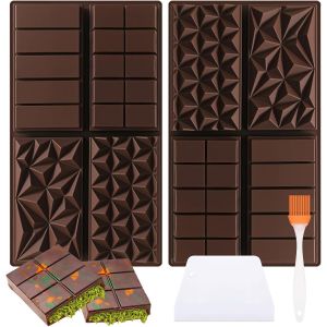 JEXNOVASHOP-2 Pièces Moule Tablette Chocolat avec 4 Cavités, Moule Tablette Chocolat Dubai, Moule Silicone Chocolat Profond avec 1 Racleur et 1 Pinceau, pour Barres Protéinées et Énergétiques - Neuf
