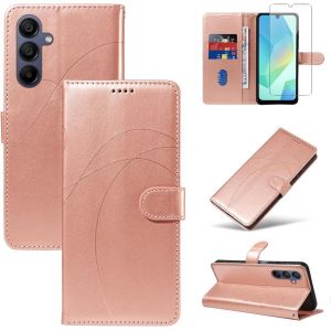 CAUC-Coque pour Samsung Galaxy A16 4G / 5G avec 1 Pi&egrave;ce Protection &Eacute;cran en Verre Tremp&eacute;, Housse PU Cuir &agrave; Rabat Flip, &Eacute;tui Support et Portefeuille Fonction (Or Rose) - Neuf