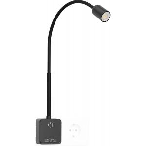 Subzonal-Lampe Applique Murale Int&eacute;rieure De Spot Led Avec Prise, Noir Liseuse Lampe Lecture De Chevet Led Dimmable Pour Chambre, 3 Modes De Couleur, Angle Eclairage De 50&deg;, Charge De Sortie Usb - Neuf
