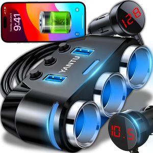 ONGI-Multi Prise Allume Cigare Adaptateur 5 En 1,100W,Rétroéclairage Led,12-24V,3 Connecteurs Allume-Cigare,2 Ports Usb,Câble 70 Cm,92X52X32Mm,Charge Rapide Pour Tablette,Phone,Gps,Dash Cam - Neuf