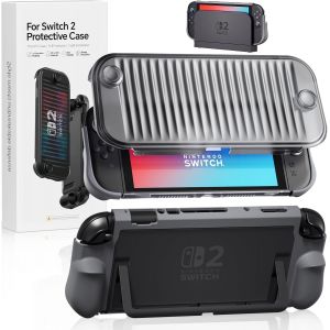 Coque Pour Switch 2 (2025),TPU Protective Case +Couverture de Protection Avant pour Switch 2,Accessoires avec Shock-Absorption et Slim Skin Shell(Gris) - Neuf