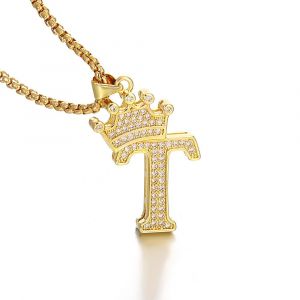 26 Lettres A-Z Zircon Couronne Initiale Alphabet Pendentif Collier Pour Femmes Hommes De Luxe Plaqu&eacute; Or Cuivre Colliers Bijoux Cadeaux--T - Neuf