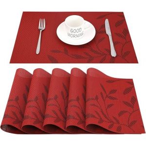 Set De 6 Sets De Table Rectangulaires (45 X 30 Cm) En Pvc Antid&eacute;rapant, Lavable Et R&eacute;sistant &Agrave; La Chaleur (Motif Feuille Rouge), Pour Salle &Agrave; Manger, Cuisine Ou Salle &Agrave; Manger. - Neuf