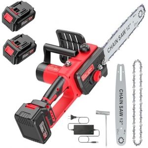MEVRONISSHOP-Brushless Mini Tronconneuse a Batterie 12 Pouces, 6000mAh Tron&ccedil;onneuse &Eacute;lectrique Sans Fil Portable et 2 * 3000mAh Batteries,Lubrification Automatique pour la Coupe Du Bois, Les Branches - Neuf