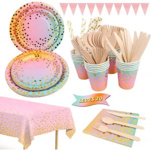 KALANKA-171 Pcs Vaisselle Jetable Anniversaire Assiette, Kit Vaisselles R&eacute;utilisable Anniversaire avec Assiette D&icirc;ner Papier Tasse Serviette Nappe Couteau Fourchette Cuill&egrave;re pour 20 Invit&eacute;s - Neuf