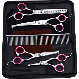 Chien Ciseaux Avec Embout Rond, Lot De 5 Kit De Toilettage Pour Chien, Ciseaux De Toilettage Pour Animaux En Acier Inoxydable Pour Corps Entier, Visage, Nez, Oreille Et Patte (Rose) - Neuf