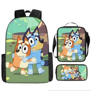 Ensemble de 3 sacs à dos d'ecole pour enfants Bluey, sac décontracté pour enfants, cartable, sac à dejeuner, trousse à crayons - Neuf