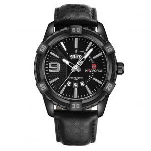 Montre A Quartz Etanche Naviforce Pour Homme Avec Bracelet En Cuir Veritable (Boitier Noir) - Neuf