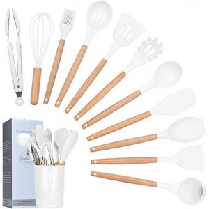 Mevronisshop-Lot De 12 Ustensiles De Cuisine En Silicone Avec Support, Ustensiles De Cuisine Antiadh&eacute;sifs, Poign&eacute;es En Bois R&eacute;sistantes &Agrave; La Chaleur, Outil De Cuisine, Sans Bpa, Non Toxique, Pince, S - Neuf