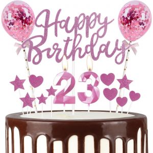 ERYI-Bougie Rose Pour 23E Anniversaire, Ballons Roses, Chiffre 23, Bougies Roses Pour Gâteau, Décorations De Fête D'Anniversaire Pour Filles, Garçons, Femmes, Hommes - Neuf