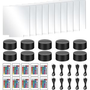 10pcs Base De Lampe Led 3d Avec Panneaux En Acrylique Transparent, Coloré Lumière Avec Télécommande Et Câble Usb, Affichage 16 Couleurs Pour Décoration De Bar, Café, Boutique (C?Ur) - Neuf