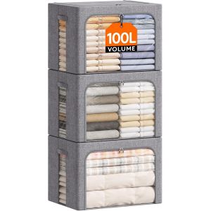 lbgwp60-Lot De 3 Sacs De Rangement Robuste Avec Cadre En Métal, Boîte De Rangement Pliable, Organisateur Placard, Rangement Sous Lit, Boîtes Rangement Pour Vêtements, Couvertures, 100L, Gris - Neuf