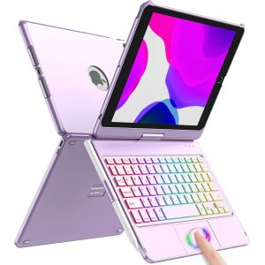 Clavier Pour Ipad 9 Génération 10.2 Coque Pour Ipad 9/8A/7E Génération, 360° Touchpad Flip Cover Rigide Coque, Clavier Bluetooth Sans Fil 7 Rétroéclairage, Auto Sleep/Wake, Violet - Neuf