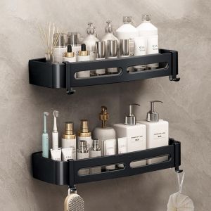 BHHBB-Etagère Douche sans Percage Aluminium, 2 Pièces Étagère de Salle de Bain avec 4 Crochets, Support de Shampoing pour Douche Murale Rangement Douche Porte Shampoing Douche, 32×12×4cm (B Noir - Neuf