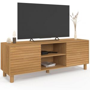 Meuble TV 140 cm JULIE 2 portes lattes tasseau bois coloris ch&ecirc;ne - Neuf