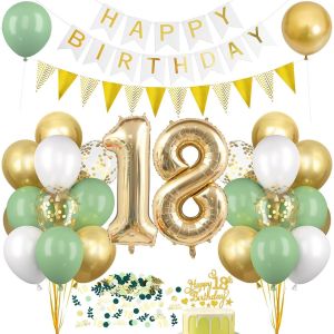 18Th Birthday Decoration, Balloon 18 Xxl Green And Gold, Happy Birthday Decoration Balloon Kit, Happy Birthday Decoration Banner For 18Th Birthday Party Men, Women, Boys, Girls - Neuf