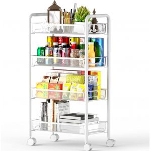 OVICAR Chariot &agrave; roulettes en maille m&eacute;tallique &agrave; 4 niveaux, organiseur de rangement de cuisine, panier de rangement enti&egrave;rement en m&eacute;tal, chariot de rangement artistique avec roues et 4 crochets - Neuf