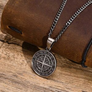Hommes Rétro Argent Couleur Chercheuse Boussole Colliers Rock Punk Vintage Métal En Acier Inoxydable Rond Pièce De Monnaie Pendentif Collier Cadeau Bijoux - Neuf