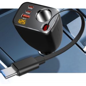 THEF-5 en 1 Chargeur Allume Cigare Voiture, PD 30W Câble Rétractable, 12V/24V Adaptateur Prise Allume Cigare avec Voltmètre Type-C/USB-C/USB-A pour iPhone, Android, GPS, Dash Cam - Neuf