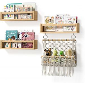 Étagère Murale Enfant Lot De 3-42cm Étagère Livre Enfant Avec Hamac De Rangement De Jouets, Bois Bibliothèque Enfant, Étagère Flottante Chambre Enfant Pour D'enfant Salle De Jeux - Neuf