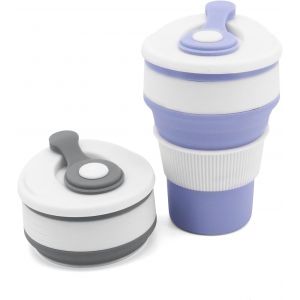 Lot De 2 Tasses Gobelet Pliable Silicone Retractable Mug De Voyage Tasse Camping Cafe Randonn&eacute;e Pliante Bouteille Avec Couvercle Gourde Transportable (Bleu+Gris) - Neuf