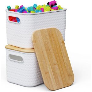 Subzonal-Lot De 2 6.5l Panier De Rangement En Plastique Avec Couvercle Empilable Jouet Cosmétique Plastic Storage Box With Bamboo Lid Pour Cuisine Salle De Bain Lit Bureau - Neuf