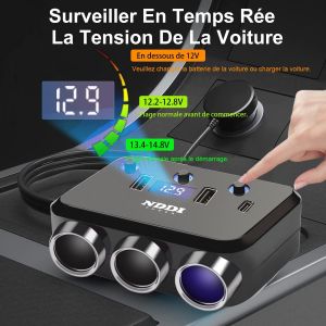 6-en-1 Multi Prise Chargeur Allume Cigare,12V/24V Chargeur Voiture USB,Double Ports Qc3.1A,Charge Rapide Chargeur,Affichage du Tension par LED pour Tablette/Phone/Camping-Car. - Neuf